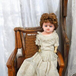 Antique German Bisque Doll Red Hair Blue Eyes Straw Stuffed 27" No Markings‎
